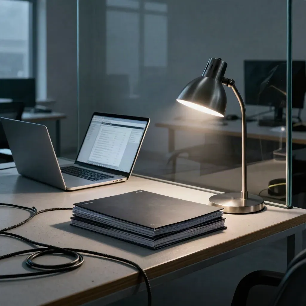 Glass office corner with laptop, audit folders, cables, lamp and dark monitor wall.