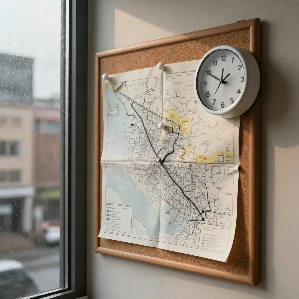 Pinboard map by a rainy window with pins, folded sheets, and a wall clock