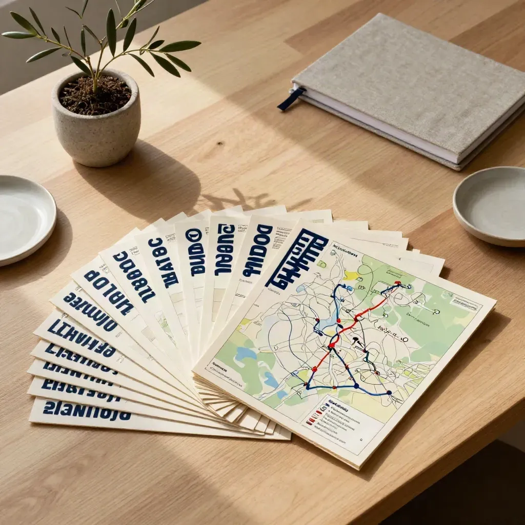 Top-down view of keyword cards, tab slips, notebook, plant, and dish on a walnut drafting table.