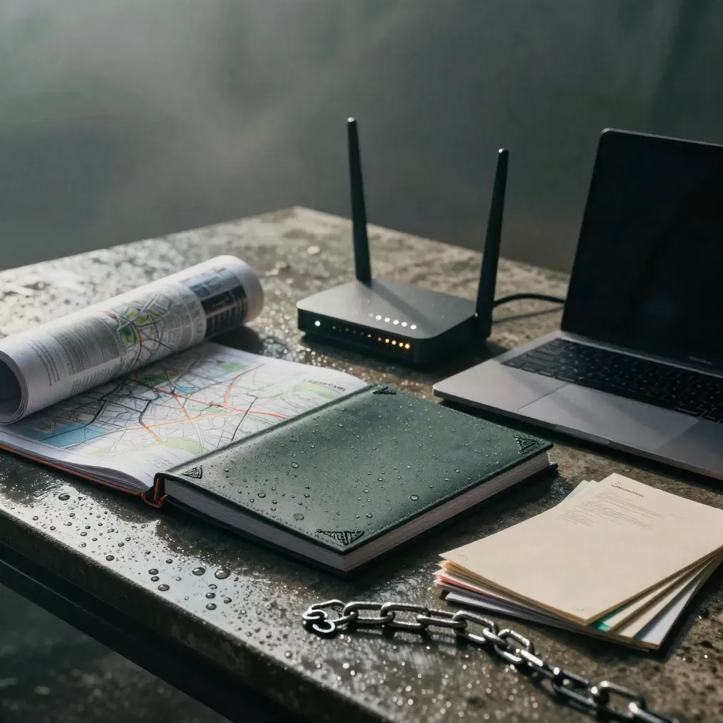 Rain-damp SEO tableau with laptop, audit binder, map sheet, router and chain in a moody dawn office.