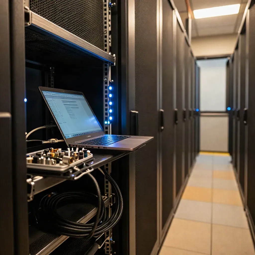 Server-room aisle with angled laptop, cables, and blue rack lights catching a crawl issue.