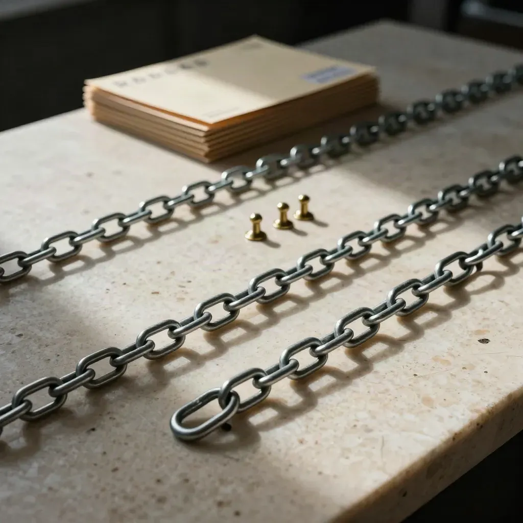 Chain links, sealed outreach mailers and brass pins on travertine in moody cinematic light.