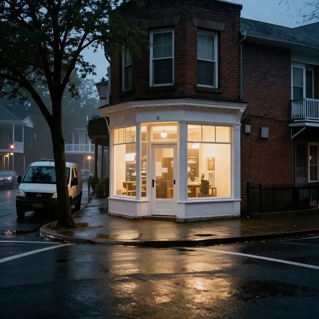 Blue-hour storefront on a neighborhood corner with a parked van silhouette and misty curb.