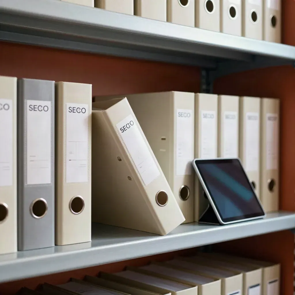 Sealed report binders, a dark tablet, and clipped summary cards on a shelf, one binder settling in.