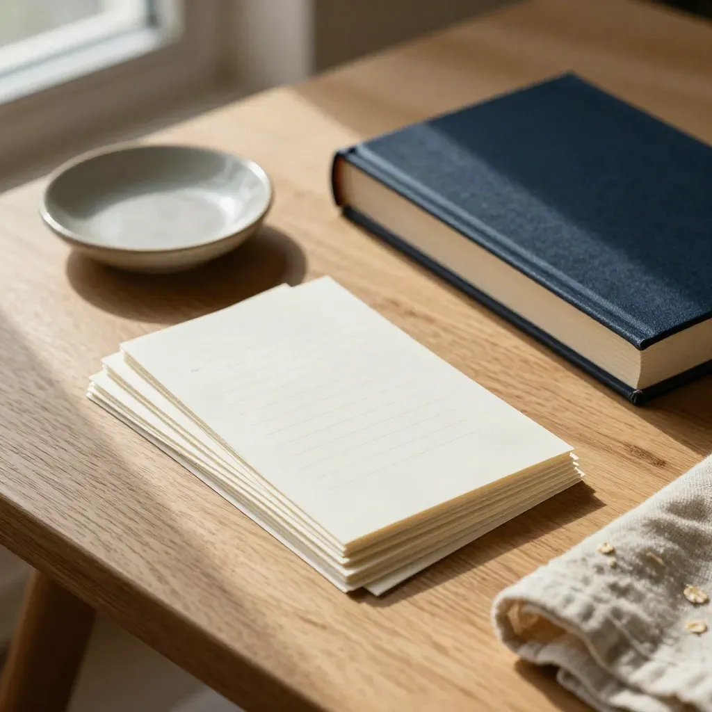 Top-down close-up of fanned page cards, face-down book, linen cloth and ceramic dish on oak.