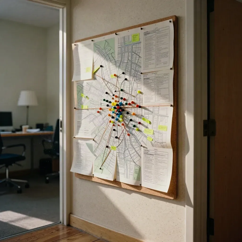 Wall pin-board search plan with route strings, neighborhood sheets, and lime markers in warm light.