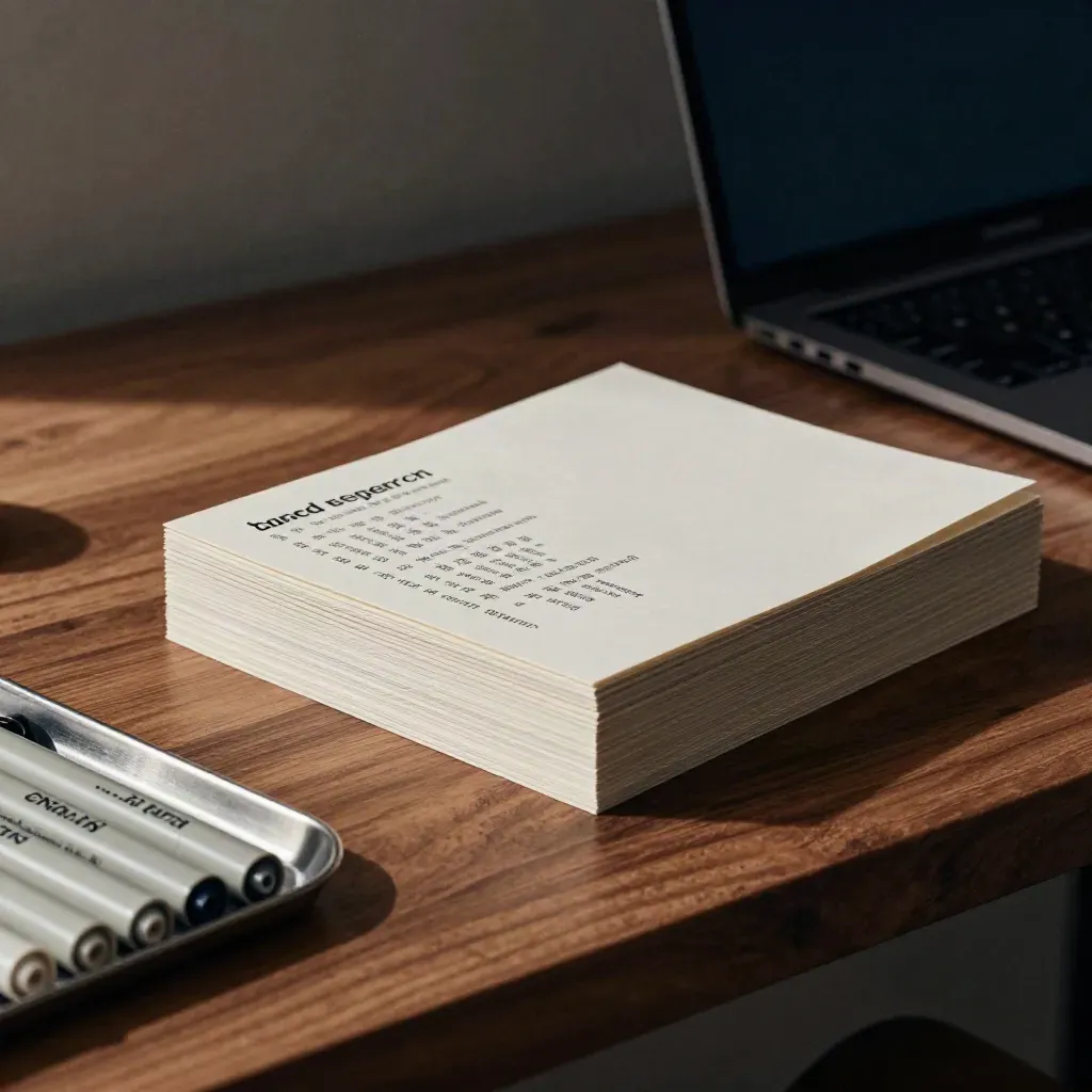 Low close of keyword research cards, closed laptop and metal tab tray on a walnut planning ledge.