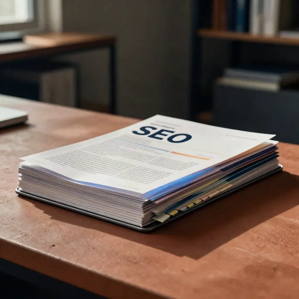 SEO monthly report stack with tablet and color tabs on a warm studio counter