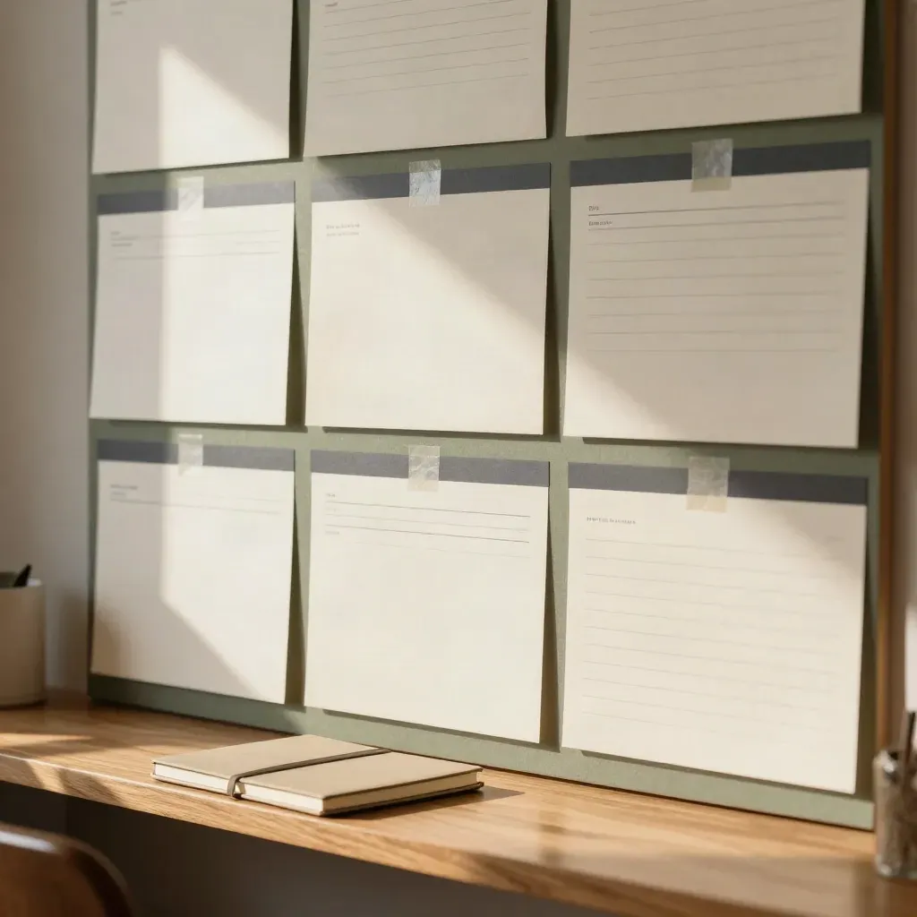 Warm SEO mockup boards showing before-and-after page fixes on a wall
