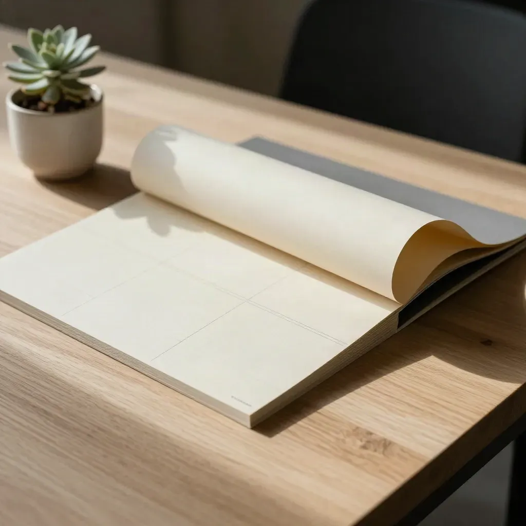 Wireframe service-page boards, a ceramic cup, and a small plant on a pale oak worktable.