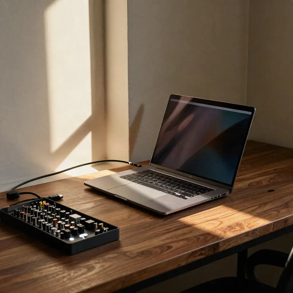 Diagnostic laptop, patch cables, and tool tray on a warm tech-audit bench in afternoon light