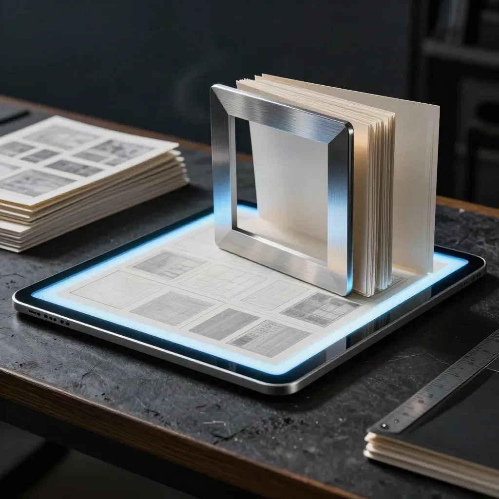 Low-angle lead-page mockup with glowing tablet, layout cards, and metal frame in haze