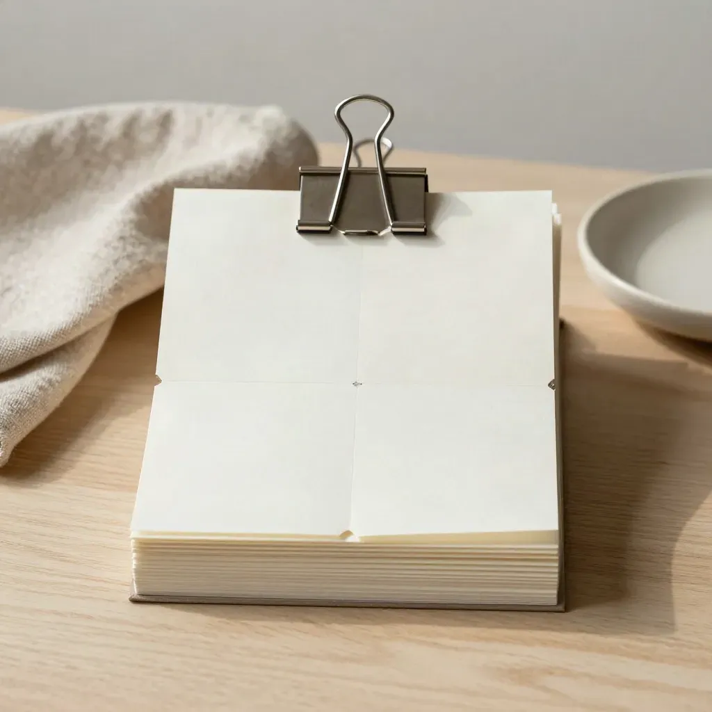Layered SEO page mockup with steel clip, folded cloth, and shallow dish on pale wood.