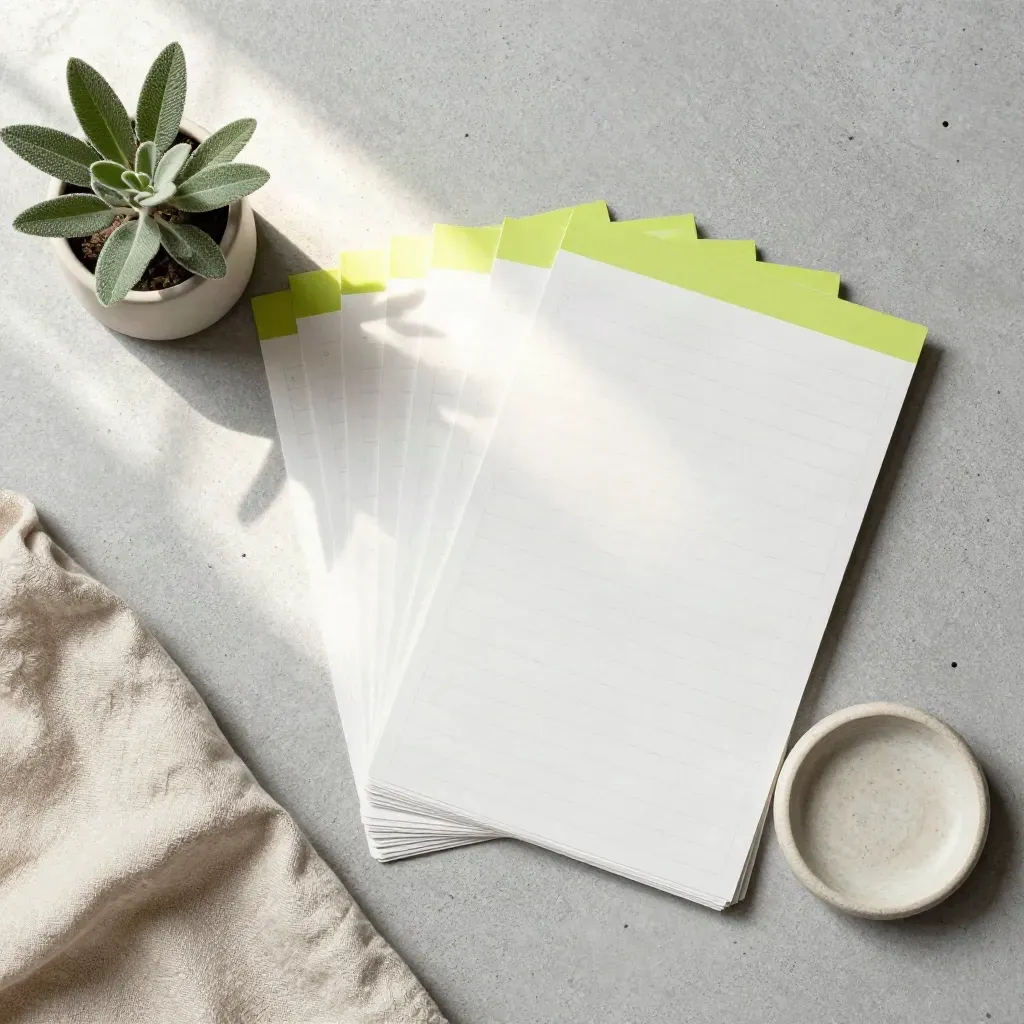 Overhead flatlay of keyword cards, cloth, plant, and ceramic dish on pale concrete.