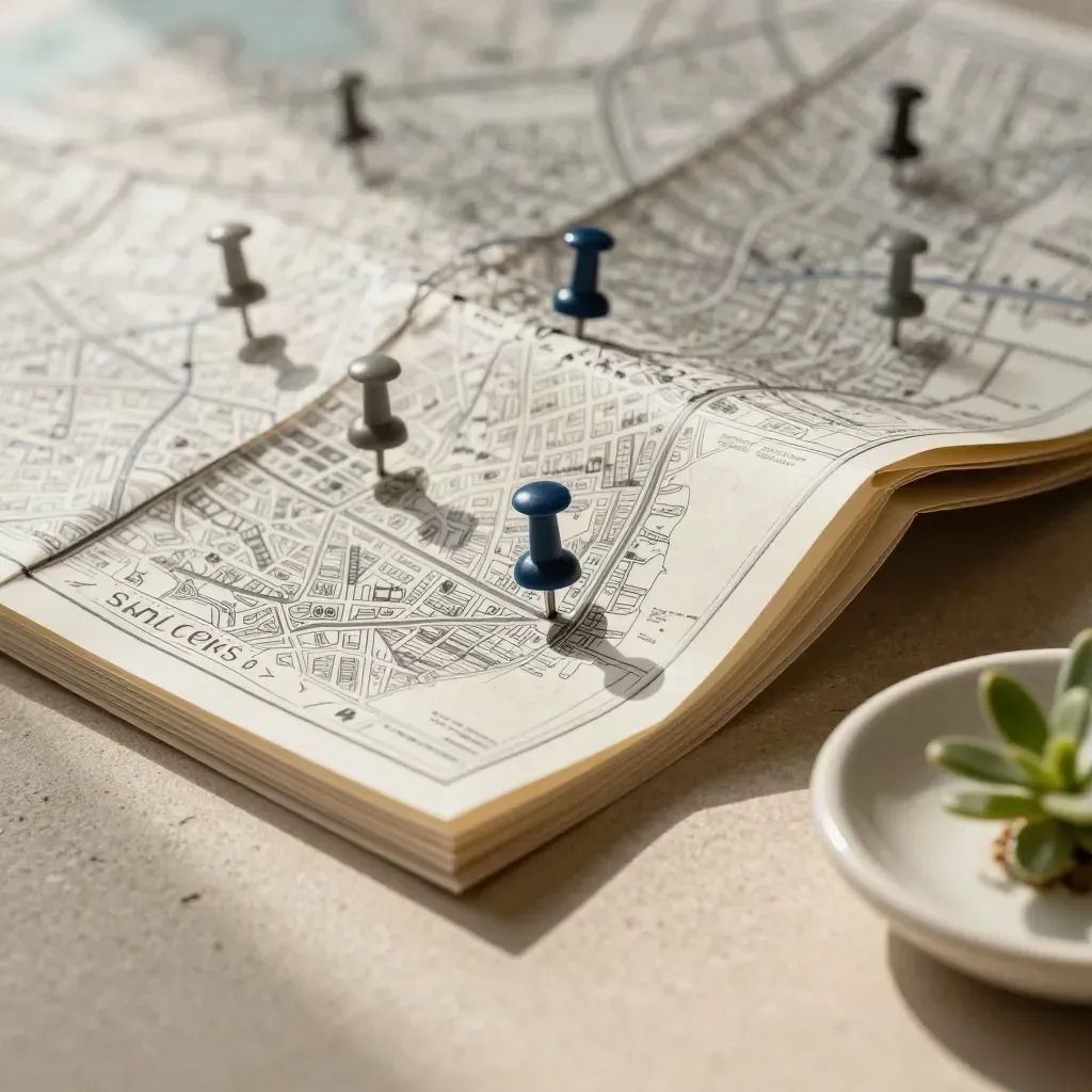 Folded city map board with pins, plant, and ceramic dish on a plaster surface