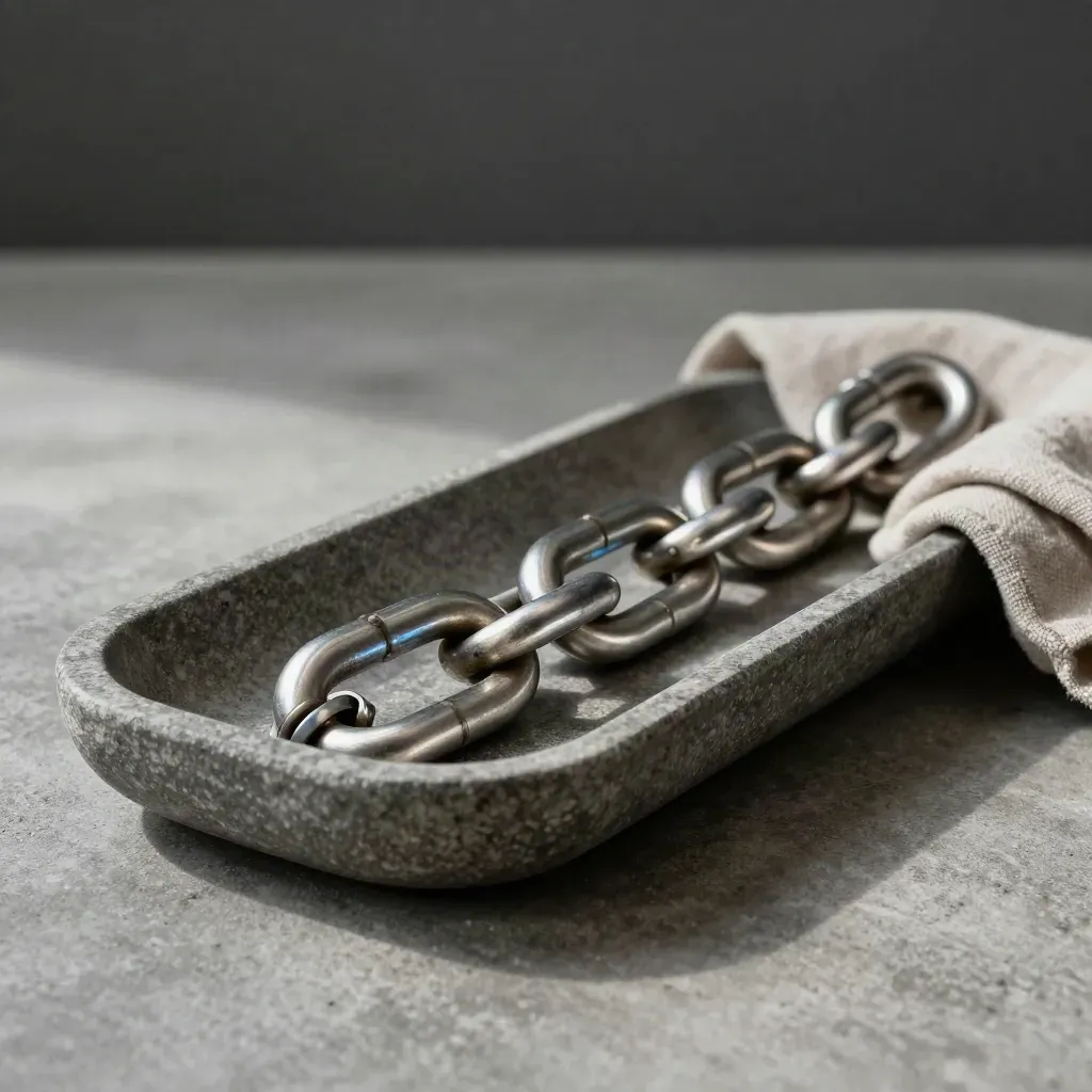 Chain links in a stone tray with linen cloth and dish, lit softly in a premium still life