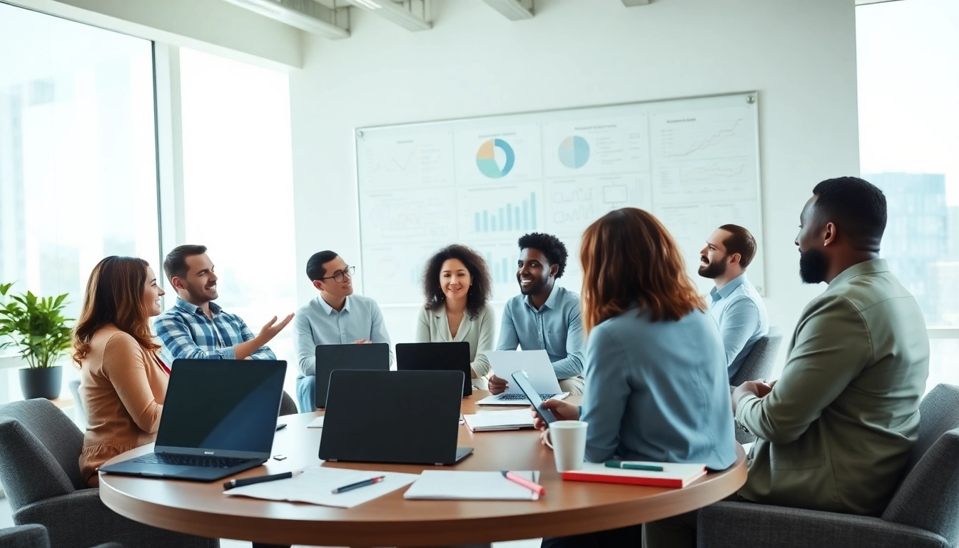 Engaged team in a professional business coaching service session discussing strategy in a bright office.