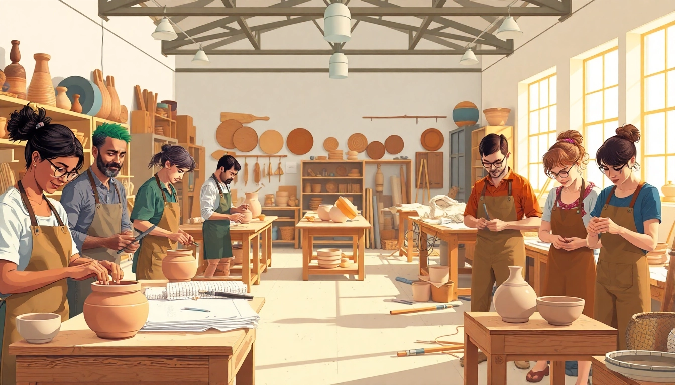 Engaged participants in craft training programs within a bright workshop focused on creative skills.