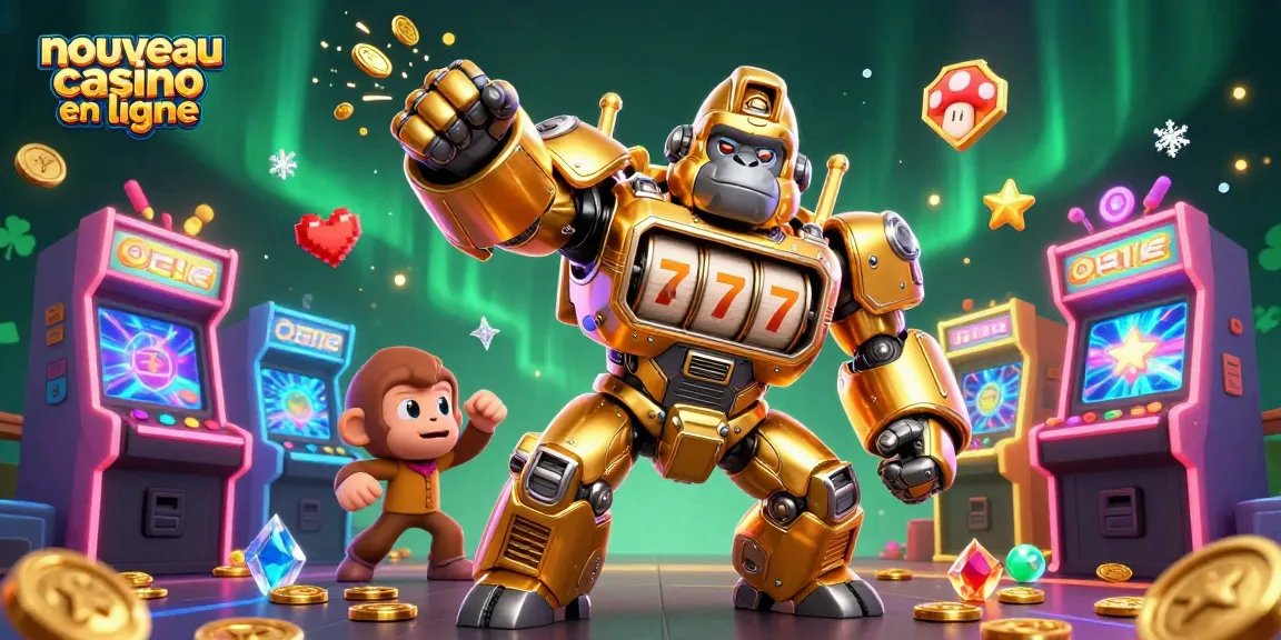 Illustration d'un nouveau casino en ligne avec un gorille mech en or et des machines à sous, captivant et dynamique.