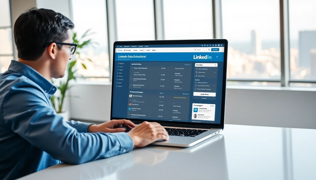 Utilizing a linkedin data extraction tool interface on a laptop in a modern office.