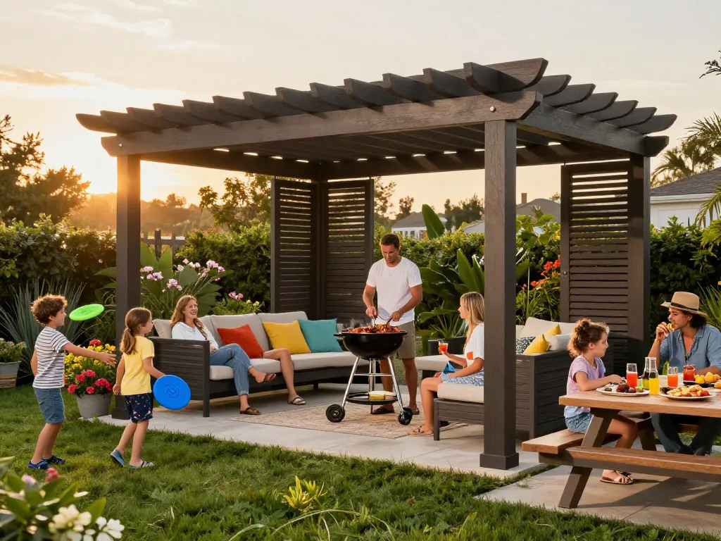 Custom pergola configurator showcased in a vibrant outdoor gathering with family enjoying a barbecue in a lush garden.