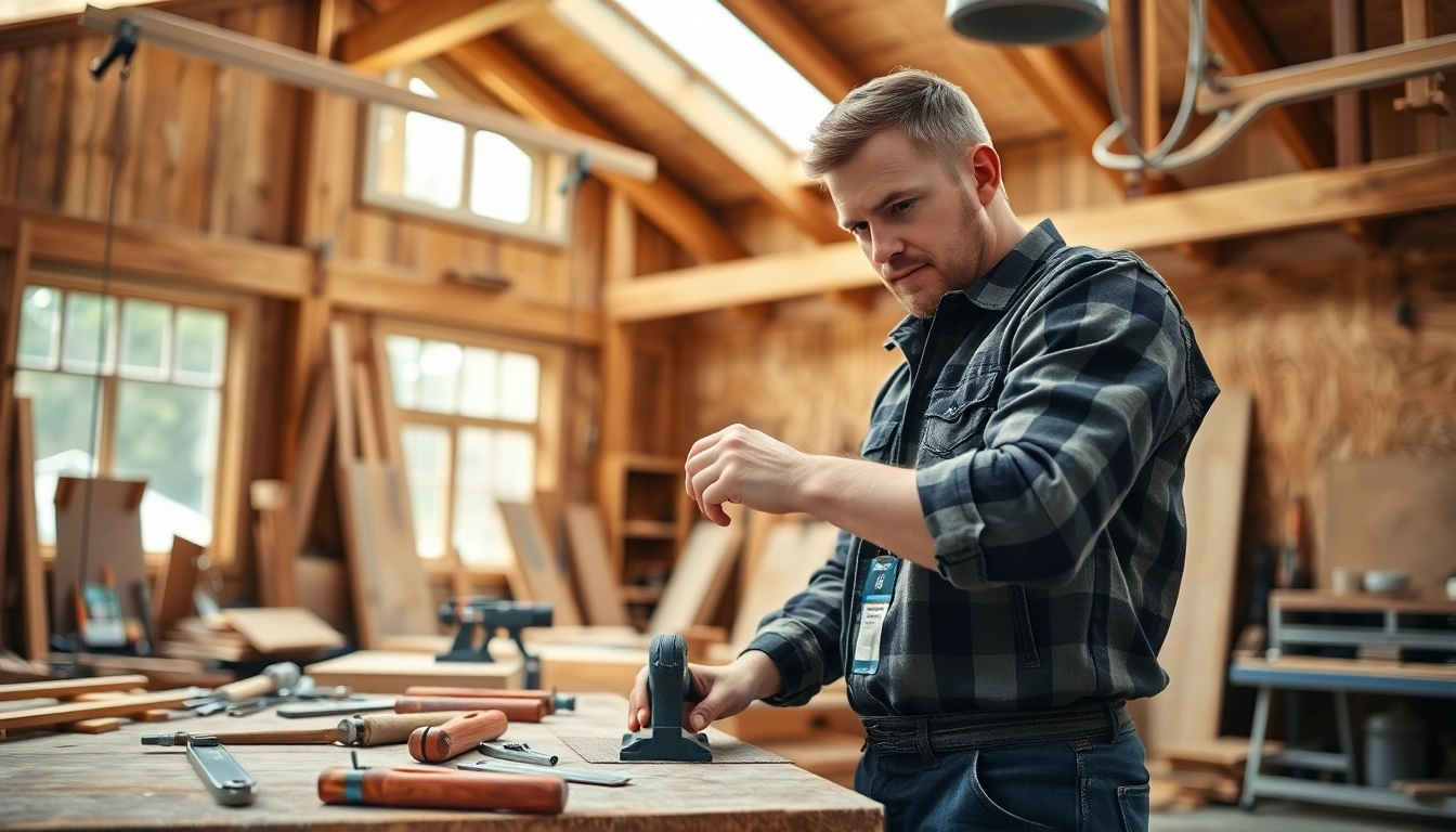 Hands-on training during carpentry apprenticeship with tools and wooden beams in a vibrant workshop.