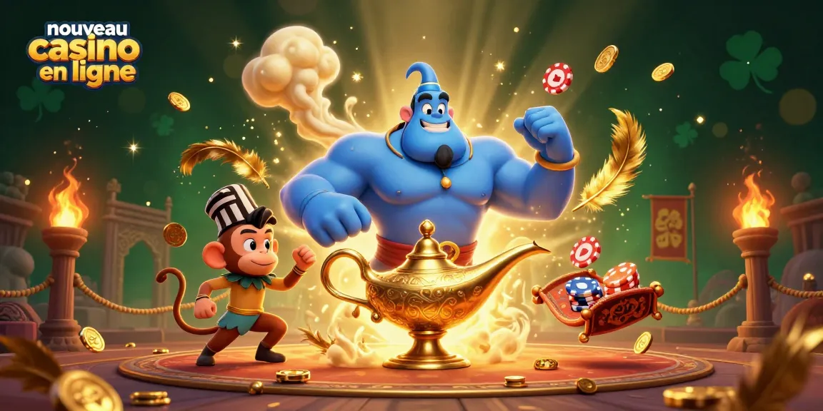 Illustration dynamique de "nouveau casino en ligne" avec un génie, un singe et un tapis volant. Jouez et gagnez!