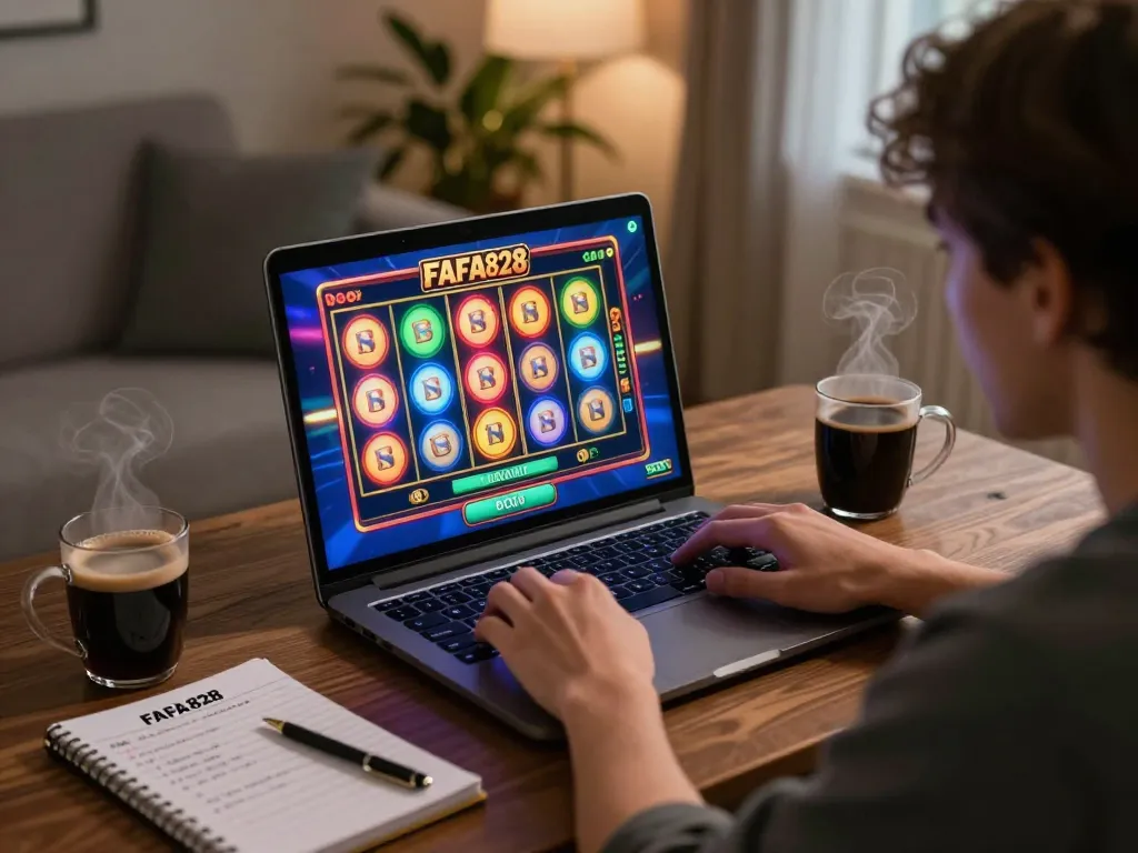 FAFA828 player enjoying online slots on laptop with strategic notes at home