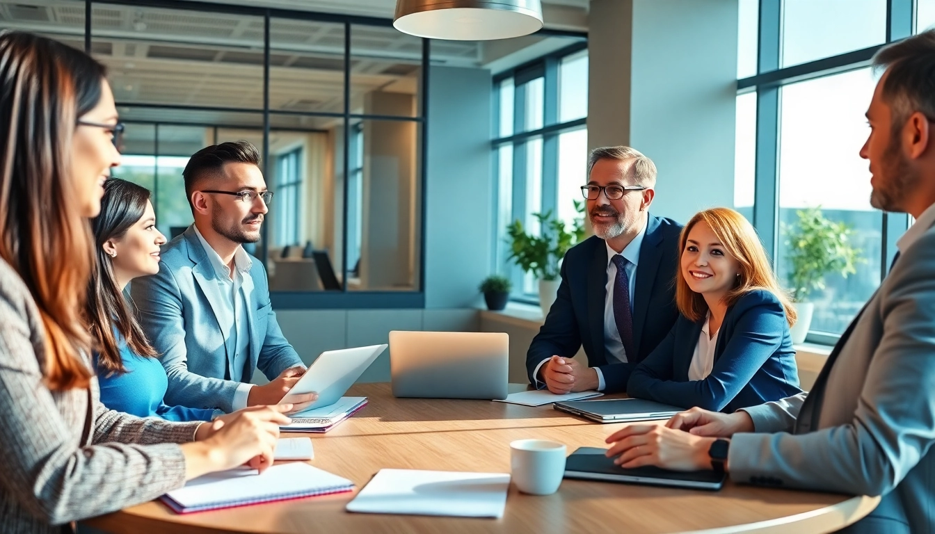 Corporate coach leads a dynamic workshop with executives in a modern office setting.