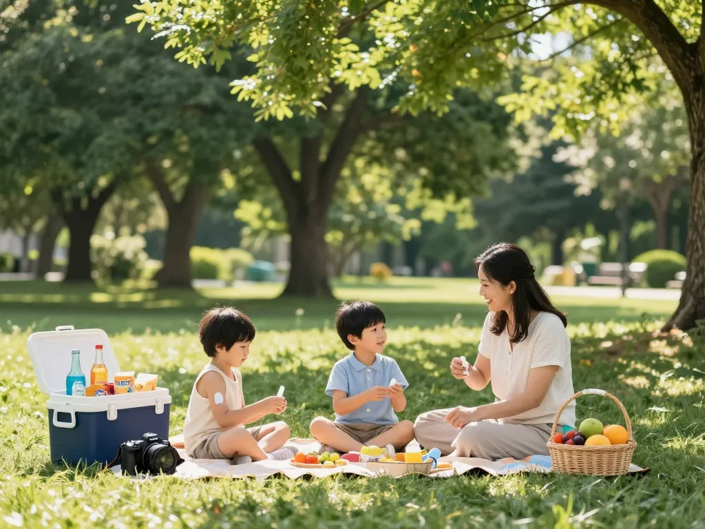 Family enjoying a picnic protected by mosquito repellent in a sunny park.