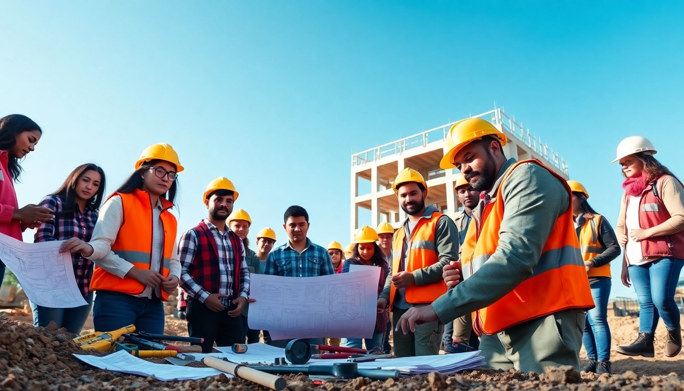Engaging construction education scene showing students actively learning on-site with blueprints and tools.