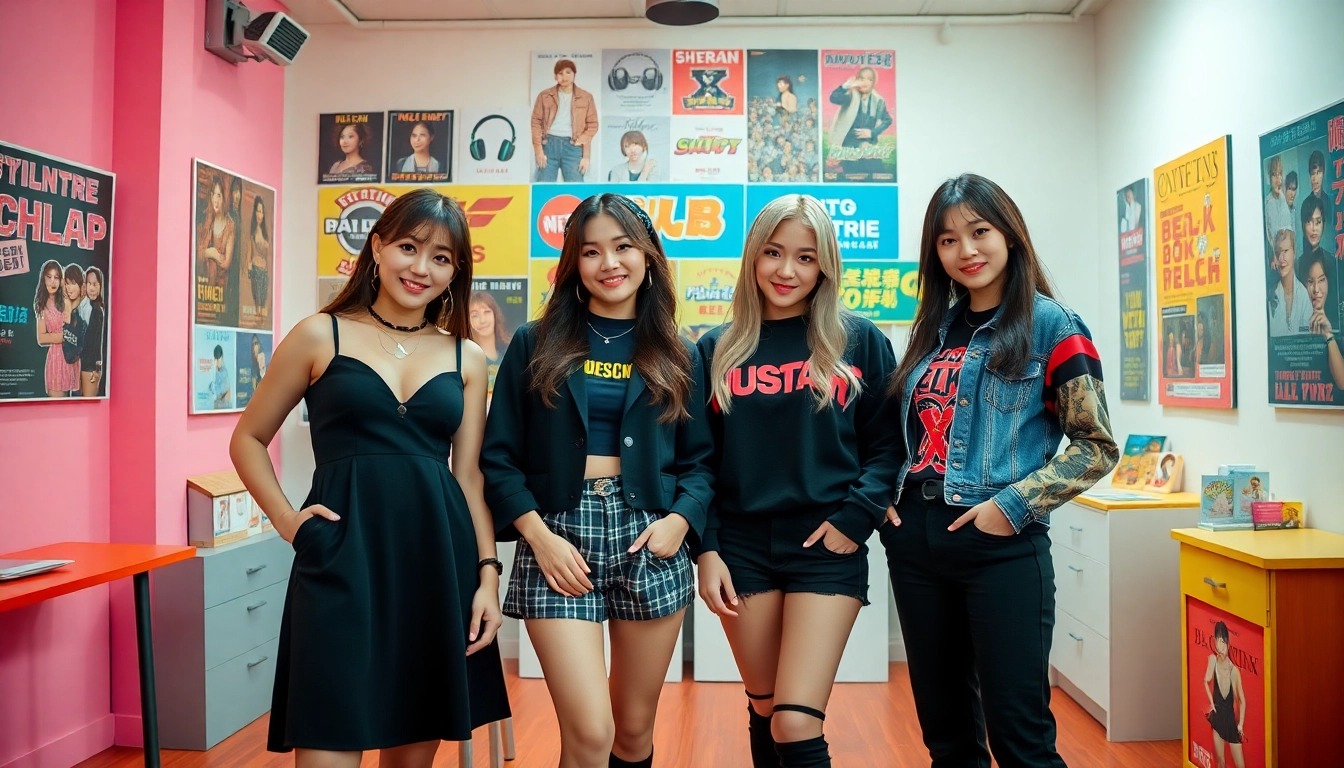 Blackpink members showcasing their unique styles and charisma in a vibrant studio.