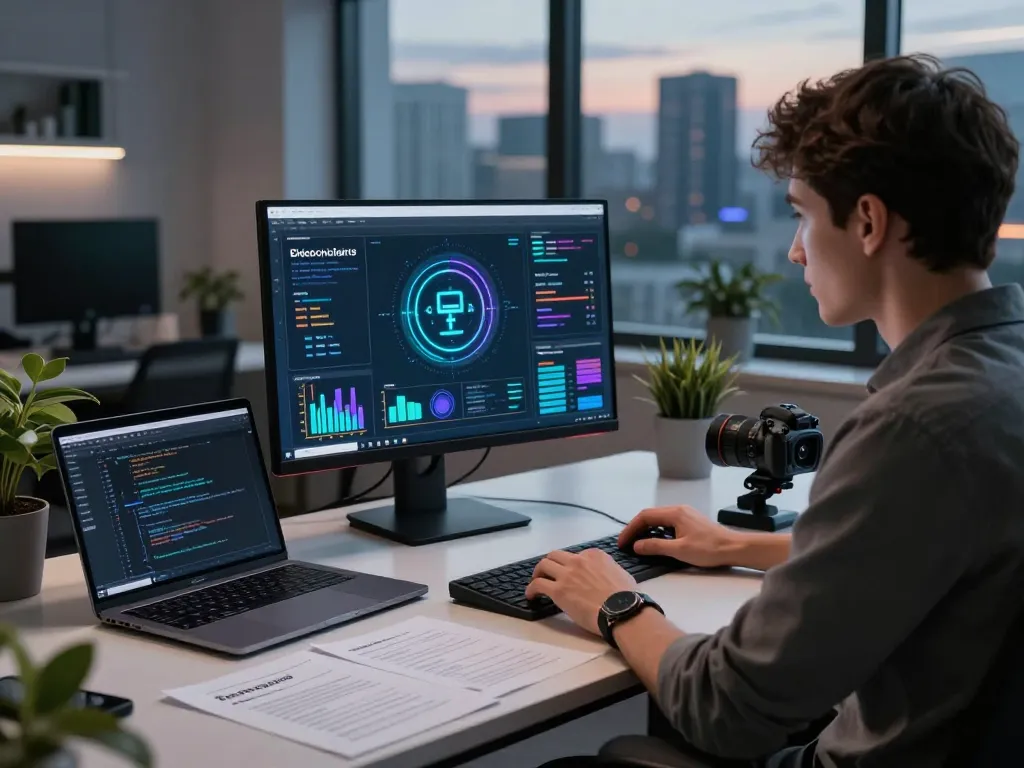 Developer analyzing blockchain technologies and digital assets for IO DeFi in a modern workspace.