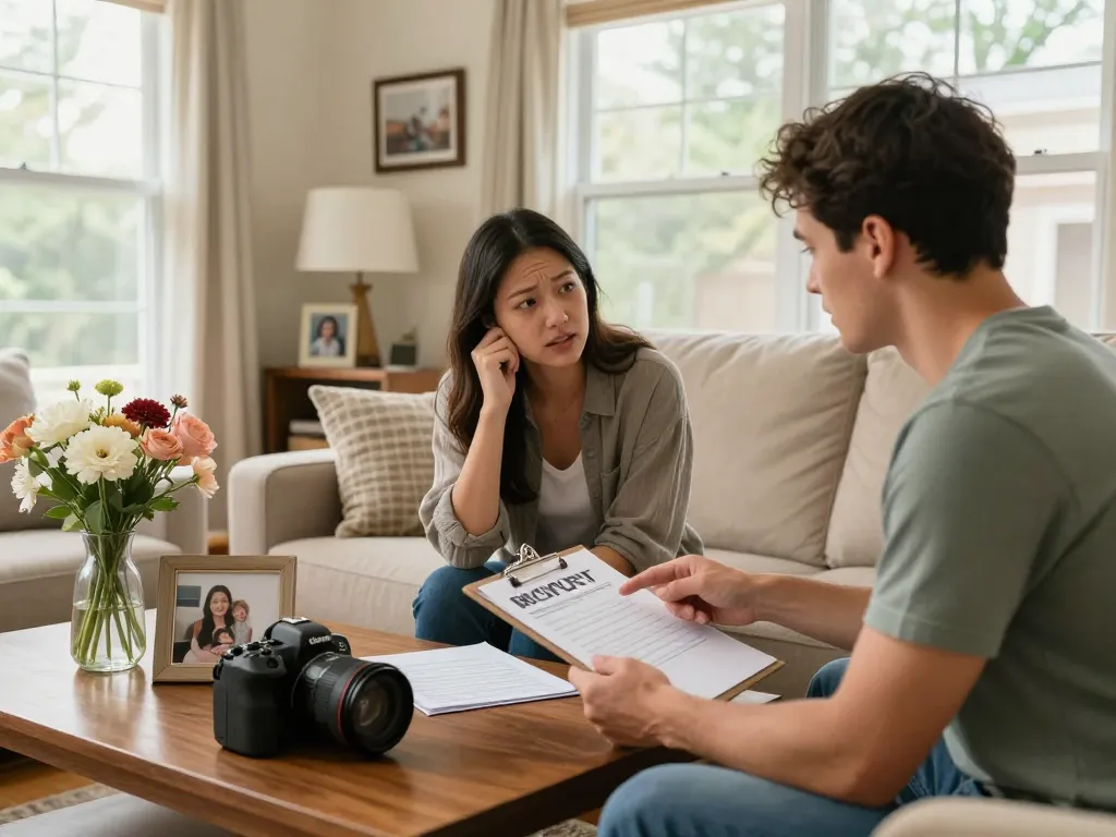 Homebuyer discussing cash offer with a seller in a cozy living room, we buy houses