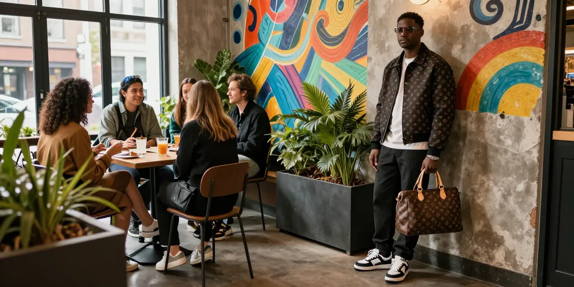 Fashionable individual in 레플리카 clothing enjoying social time in an urban café