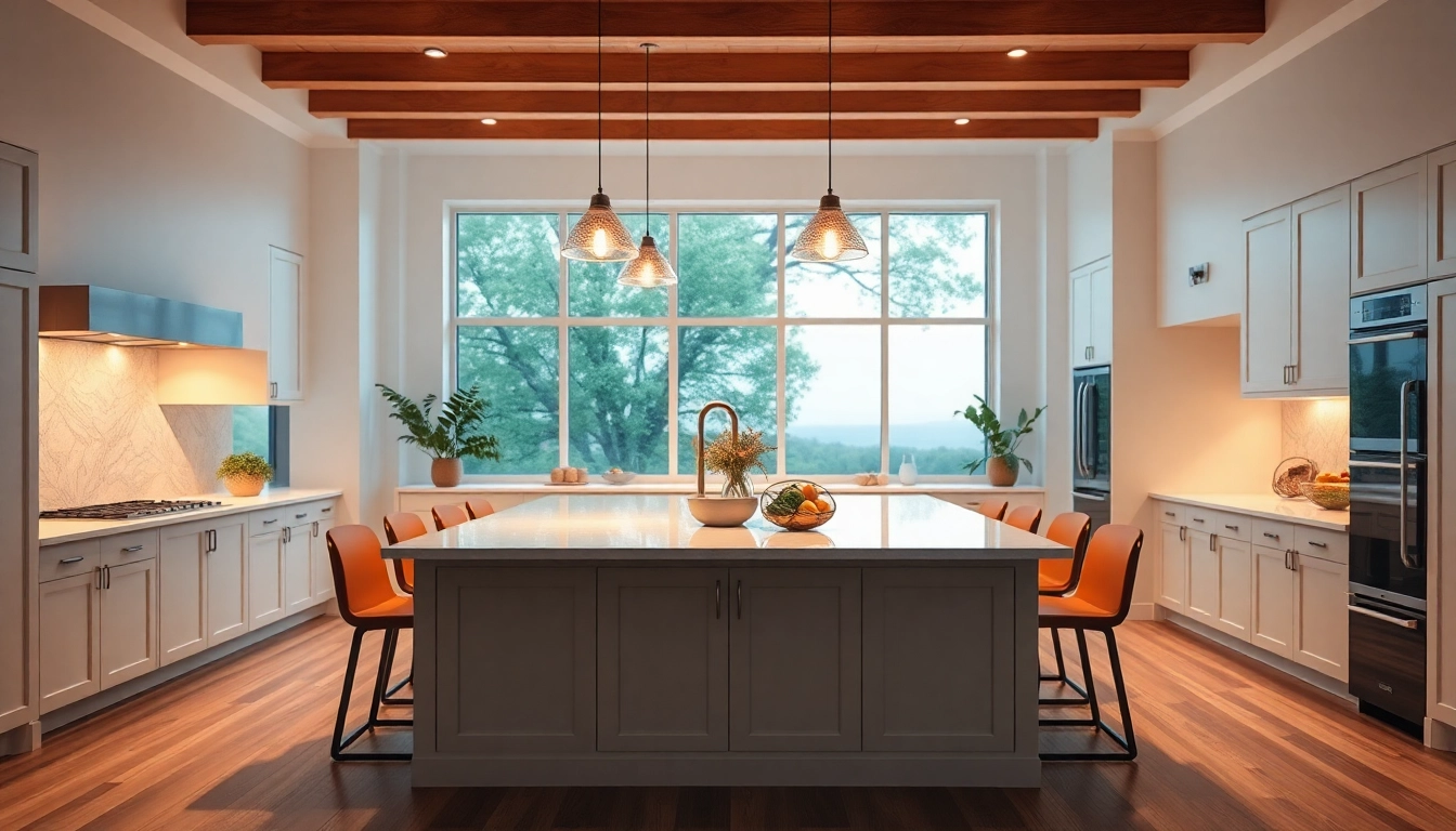 Bright island lighting accentuating a modern kitchen's inviting ambiance.