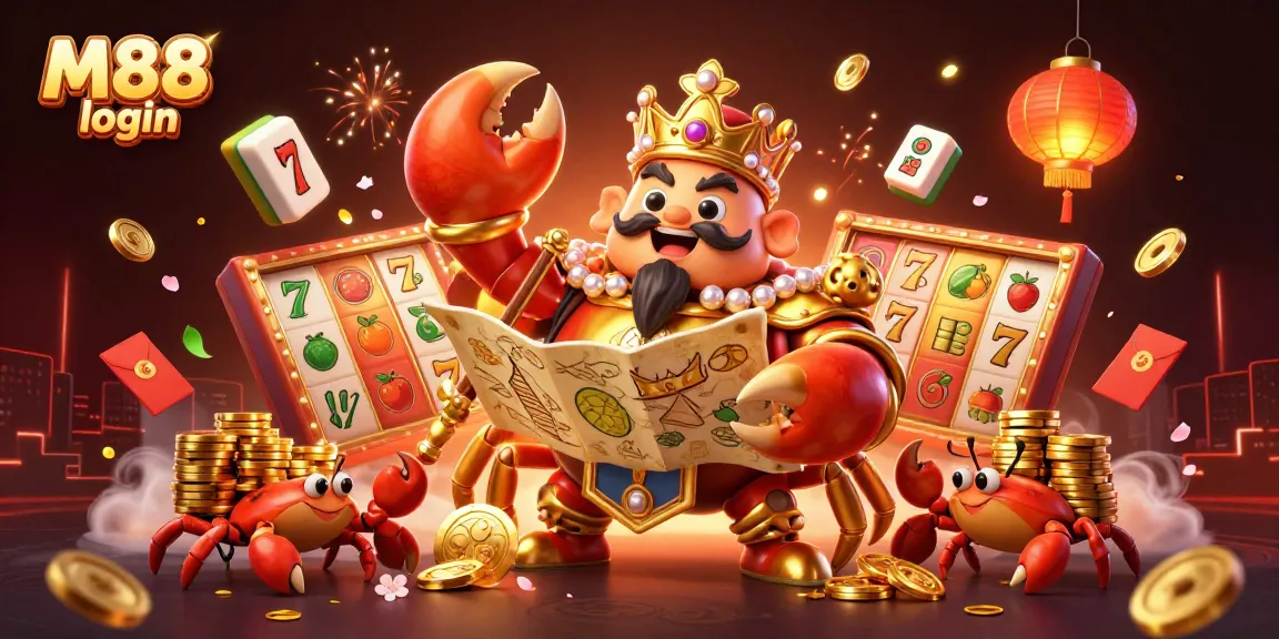 M88 login with a golden crab emperor surrounded by exciting casino and sports betting elements.