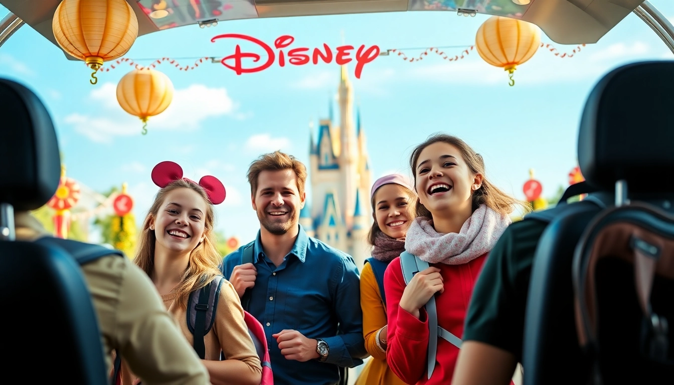 Excited family enjoying Beauvais Airport to Disney Transfer with Disney magic in the backdrop.