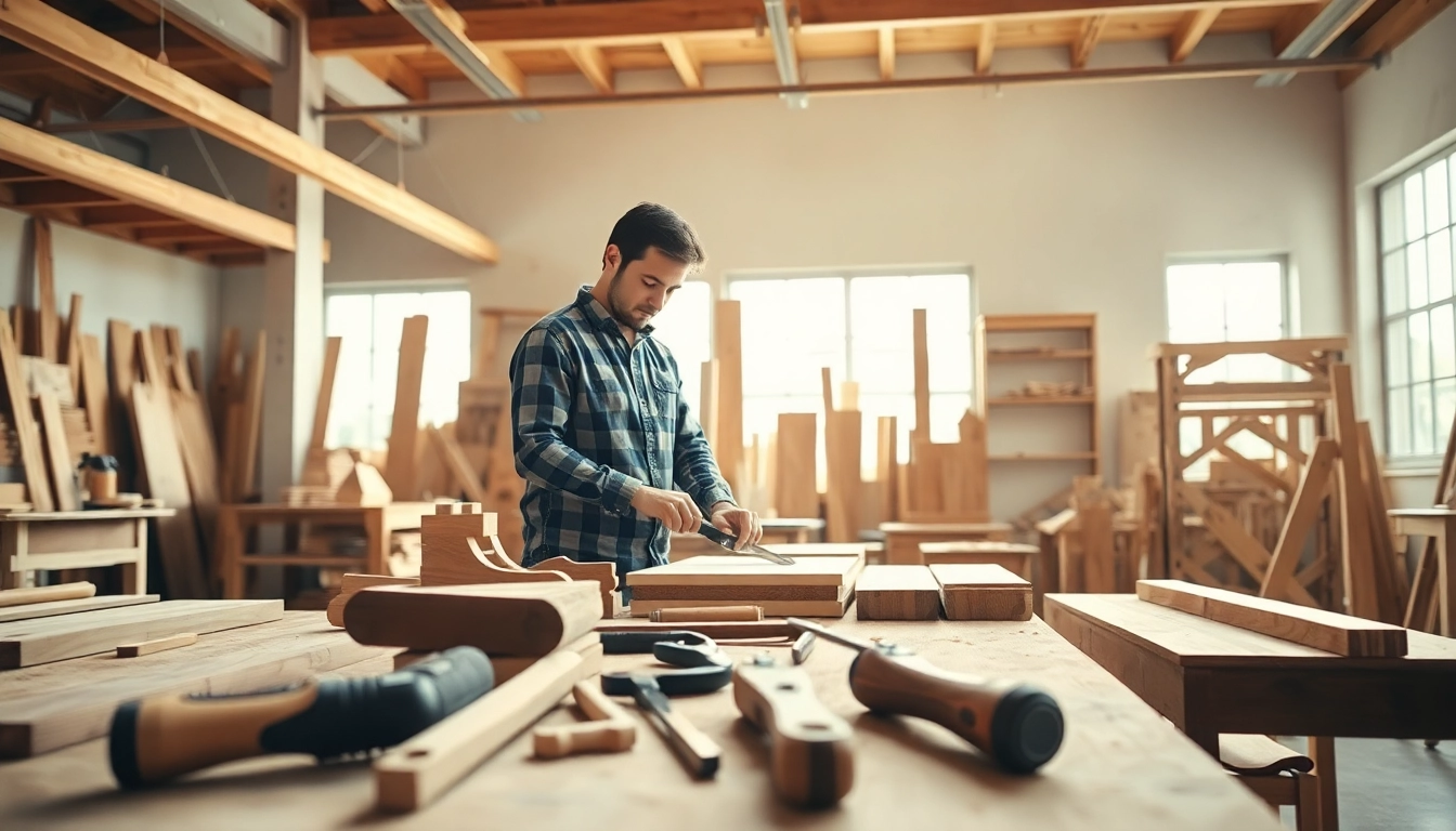 A carpenter engaged in a carpentry apprenticeship, demonstrating skills in a bright workshop.