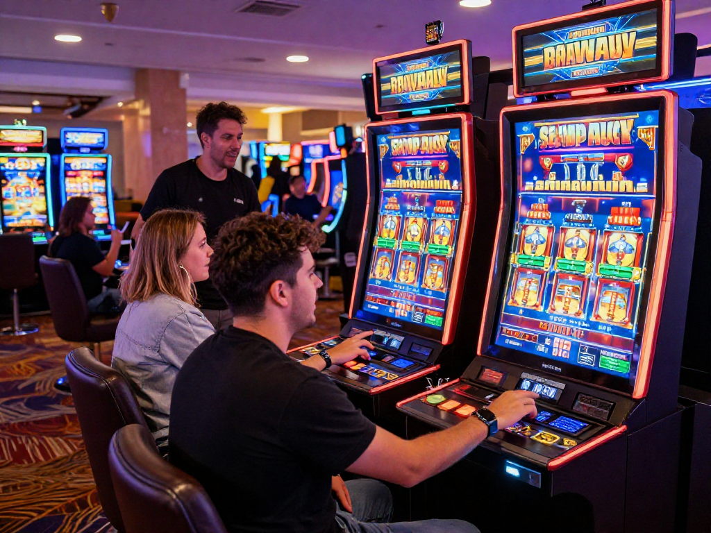 Players enjoying slots where you can buy the bonus in a vibrant casino atmosphere.
