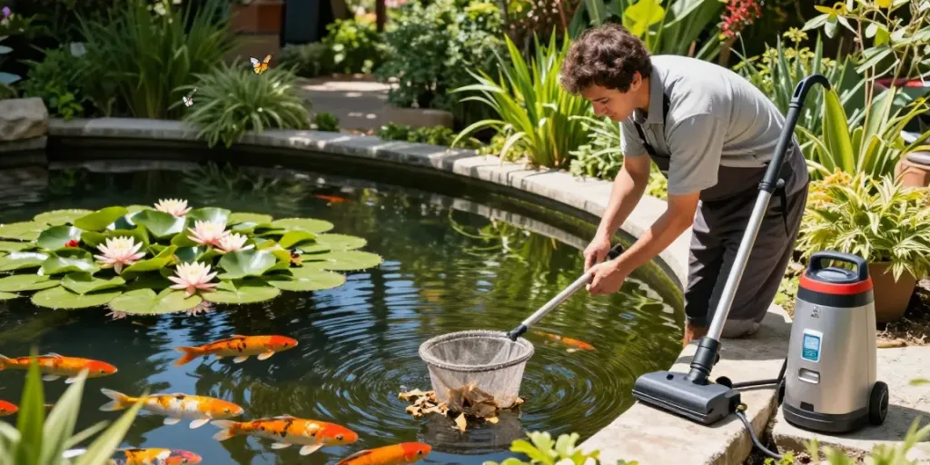 Pond cleaning Kent service in action, technician maintaining koi pond, greenery backdrop, serene atmosphere.