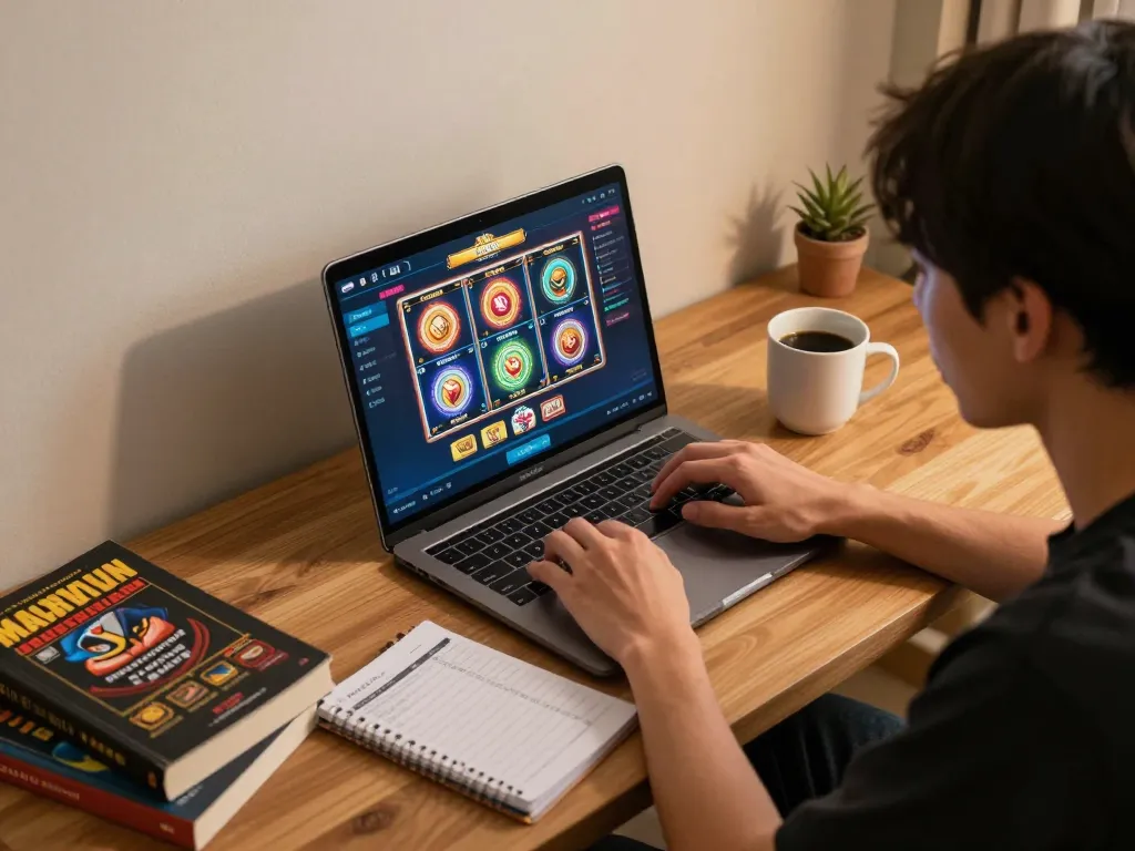 Engaging slot server Thailand gameplay on a laptop, showcasing strategic planning and excitement