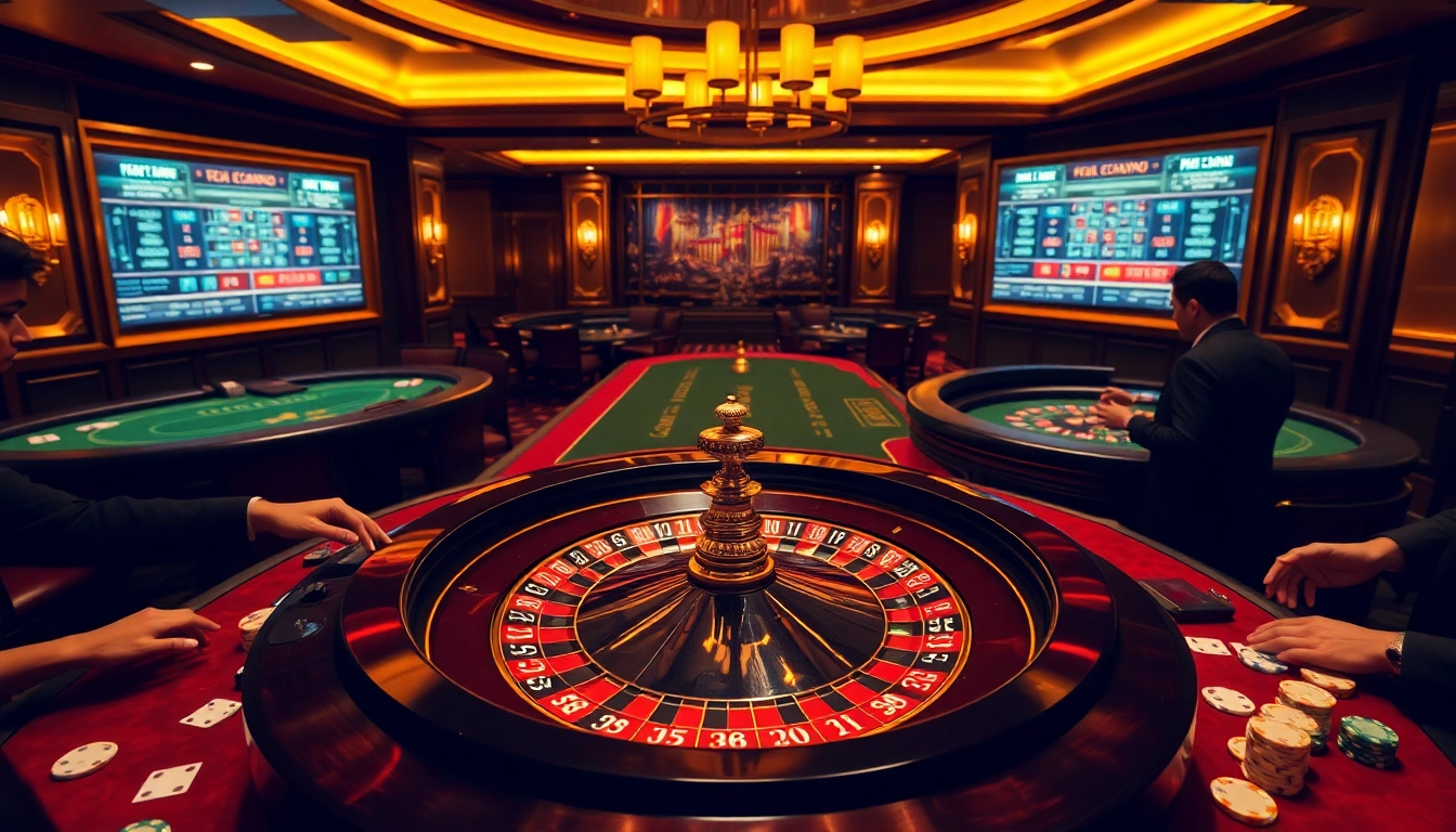 Scène engageante de casino en ligne Français avec roulette, cartes et joueurs plongés dans le jeu.