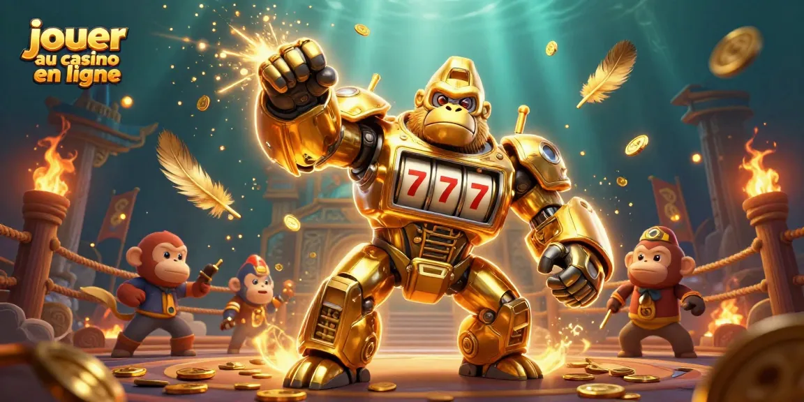 Jouer au casino en ligne avec des machines à sous, un gorille mech et un pilote singe dans une ambiance dynamique.