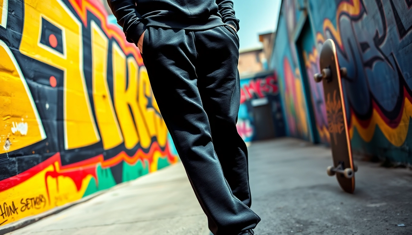 Model showcasing black baggy sweatpants in a vibrant urban environment.
