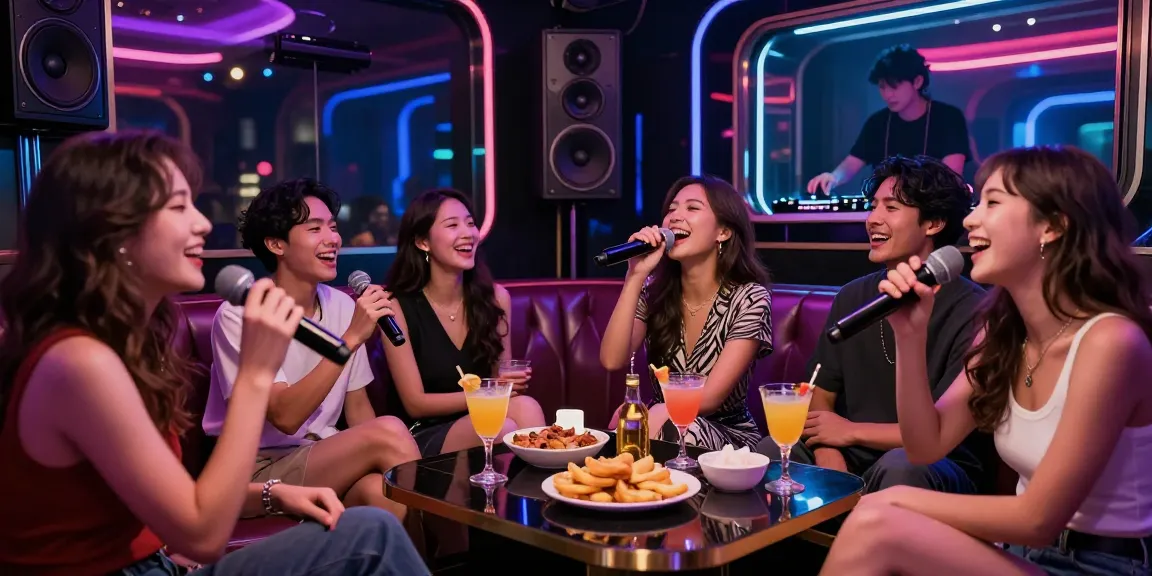 Vibrant 강남가라오케 lounge with friends enjoying karaoke, cocktails, and lively atmosphere.