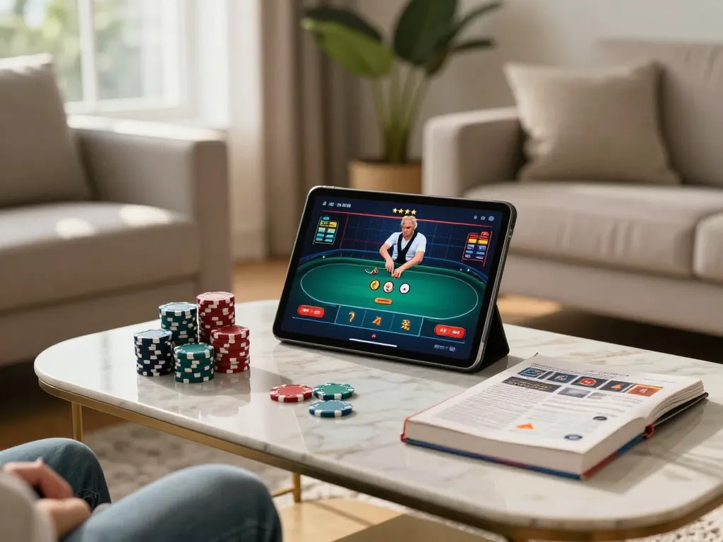 Experience sunwinapk gaming with excitement as a player engages in online poker at home.