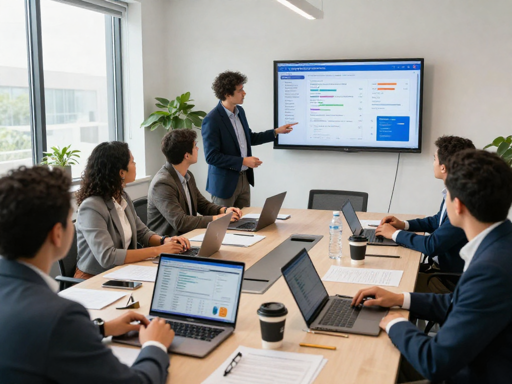 Engaged team utilizing campaign data analytics services in a modern office.