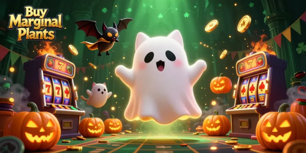Buy Marginal Pond Plants while enjoying a vibrant casino night scene with ghostly characters and slot elements.