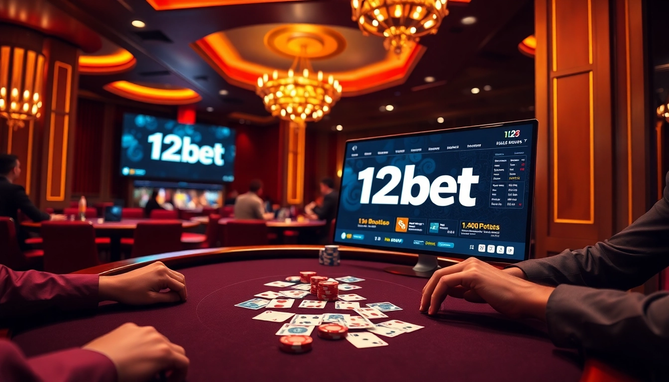 Engage in winning strategies with 12bet's luxurious online casino interface showcasing poker and sports betting.